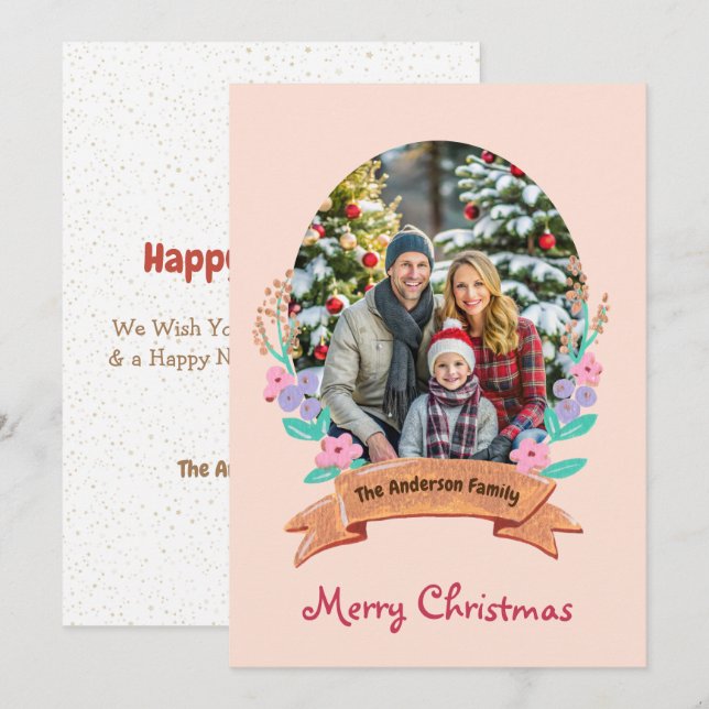 Tarjeta Festiva Elegantes Navidades de fotos rosadas de flores de  (Anverso / Reverso)