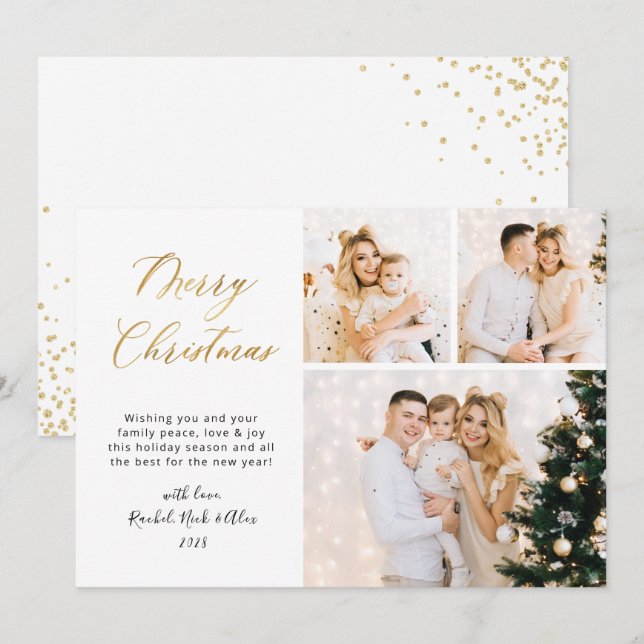 Tarjeta Festiva Elegantes Navidades de Gold Script 3 multifoto (Anverso / Reverso)