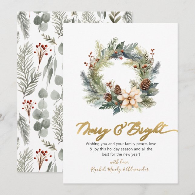 Tarjeta Festiva Elegantes Navidades de guirnaldas de mora y escrit (Anverso / Reverso)