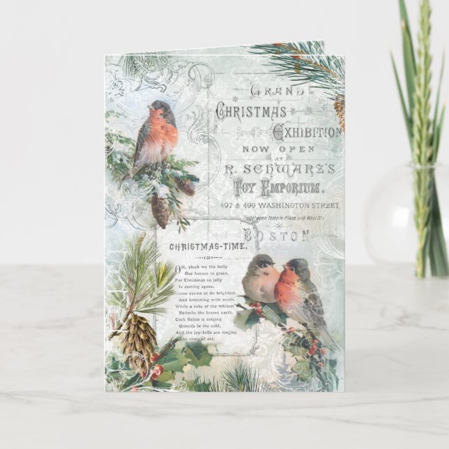 Tarjeta Festiva Elegantes Navidades de invierno de época Robins (Anverso)