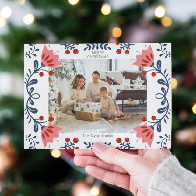 Tarjeta Festiva Elegantes Navidades de marco floral Una foto (Elegant Floral Frame Christmas One Photo Holiday Cards from Ricaso. Add your own photograph & text)