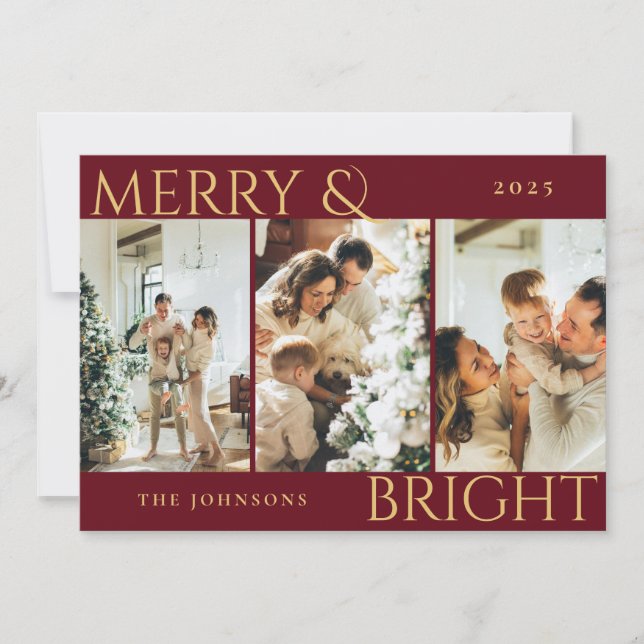 Tarjeta Festiva Elegantes Navidades de Merry y Bright 3 Collages d (Anverso)