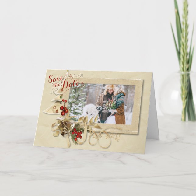 Tarjeta Festiva Elegantes Navidades de oro foto Guardar la fecha (Anverso)