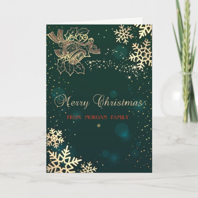Tarjeta Festiva Elegantes Navidades de oro morden, copos de nieve (Anverso)