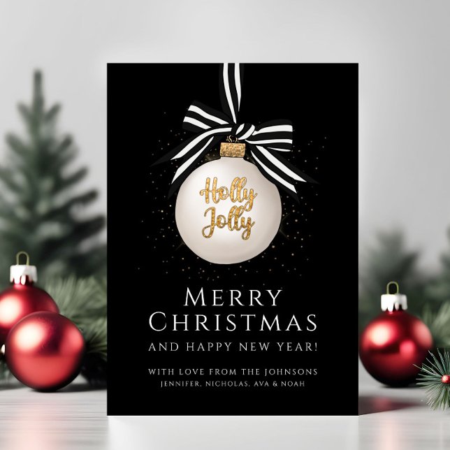 Tarjeta Festiva Elegantes Navidades de oro negro bauble (Elegant Black Gold Christmas Bauble Holiday Card)