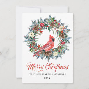 Tarjeta Festiva Elegantes Navidades de Pine Holly Wreath Cardinal 