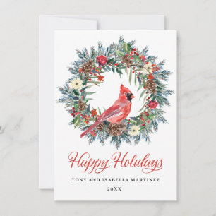 Tarjeta Festiva Elegantes Navidades de Pine Holly Wreath Cardinal 