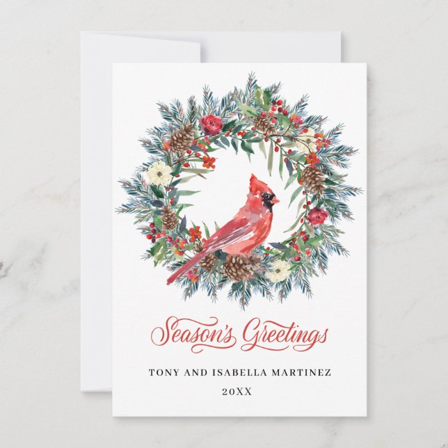 Tarjeta Festiva Elegantes Navidades de Pine Holly Wreath Cardinal  (Anverso)