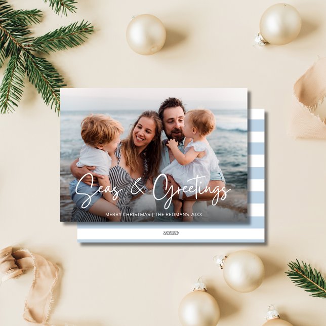 Tarjeta Festiva Elegantes Navidades de playa de fotos familiares (Elegant Family Photo Beach Christmas Holiday Card)