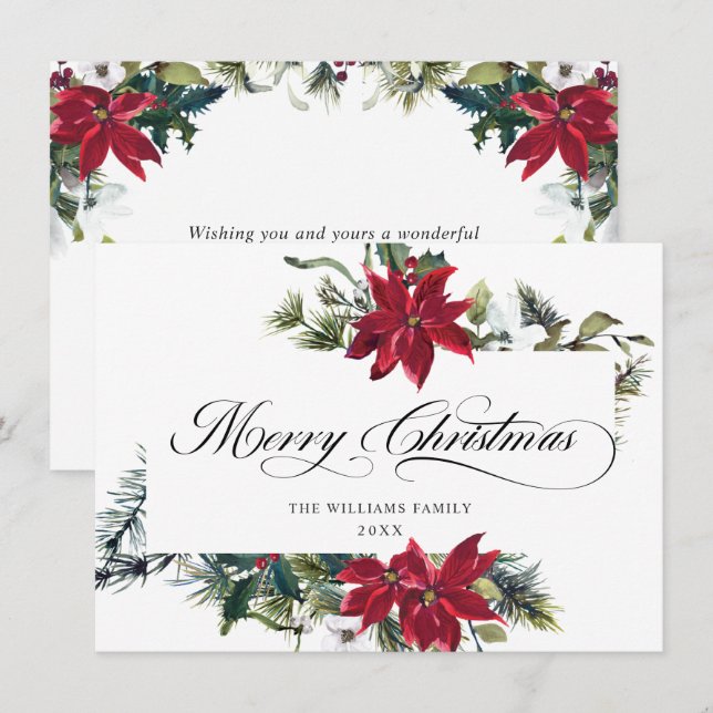 Tarjeta Festiva Elegantes Navidades de Poinsettia Mistletoe saluda (Anverso / Reverso)