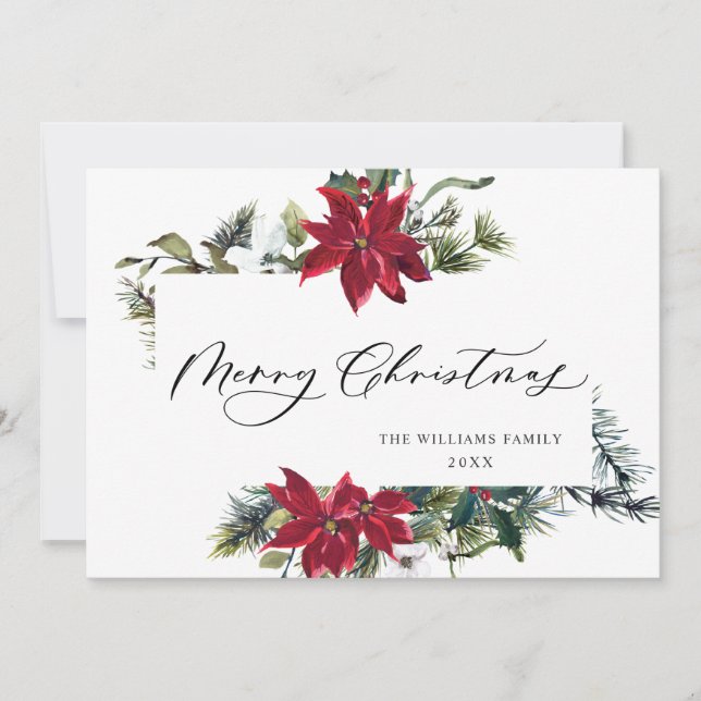 Tarjeta Festiva Elegantes Navidades de Poinsettia Mistletoe saluda (Anverso)