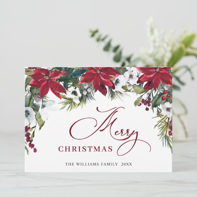 Tarjeta Festiva Elegantes Navidades de Poinsettia Mistletoe saluda (Anverso de pie)
