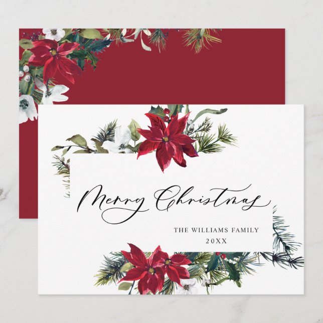 Tarjeta Festiva Elegantes Navidades de Poinsettia Mistletoe saluda (Anverso / Reverso)