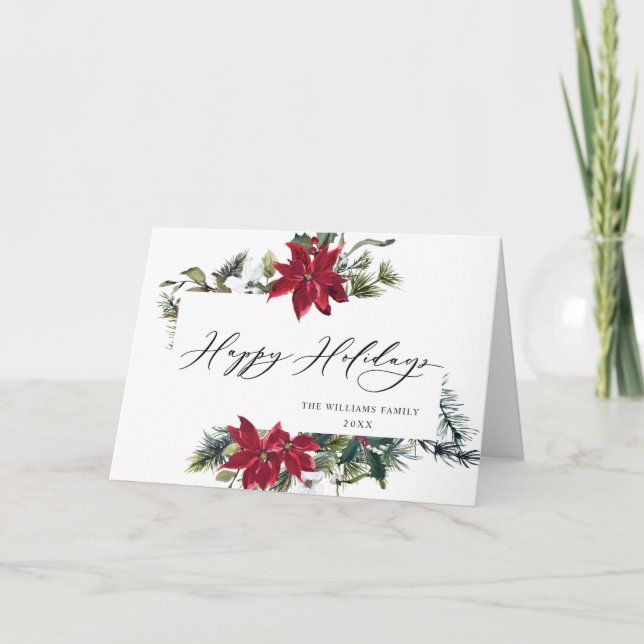 Tarjeta Festiva Elegantes Navidades de Poinsettia Mistletoe saluda (Anverso)