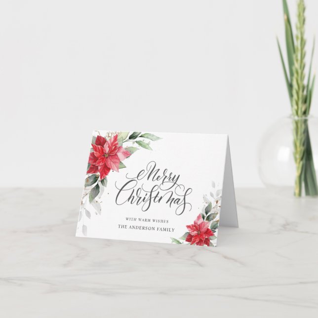 Tarjeta Festiva Elegantes Navidades de Poinsettia Mistletoe Saludo (Anverso)