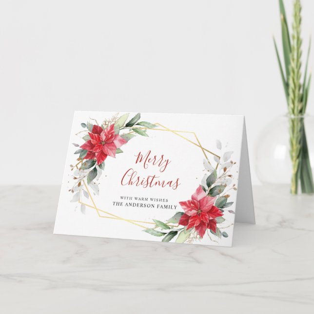 Tarjeta Festiva Elegantes Navidades de Poinsettia Mistletoe Saludo (Anverso)