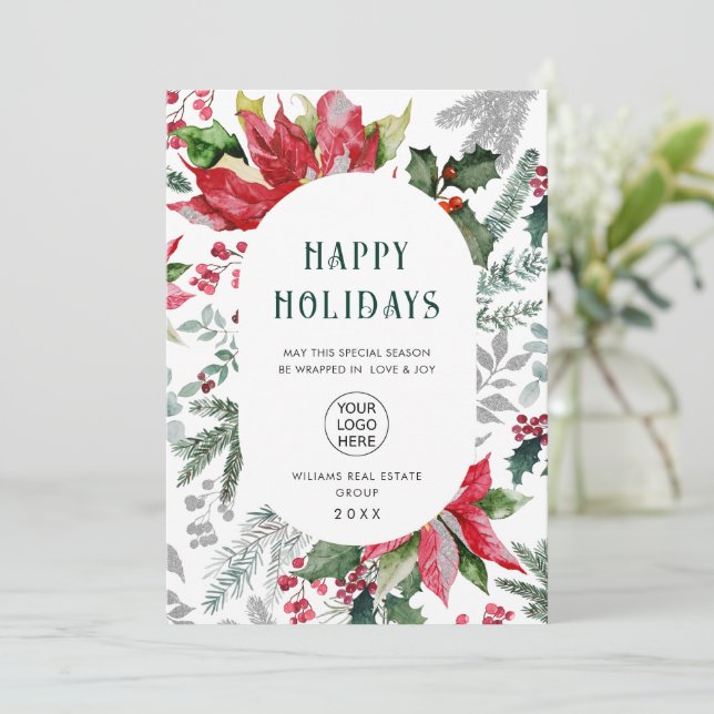 Tarjeta Festiva Elegantes Navidades de Poinsettia Mistletoe Saludo (Anverso de pie)