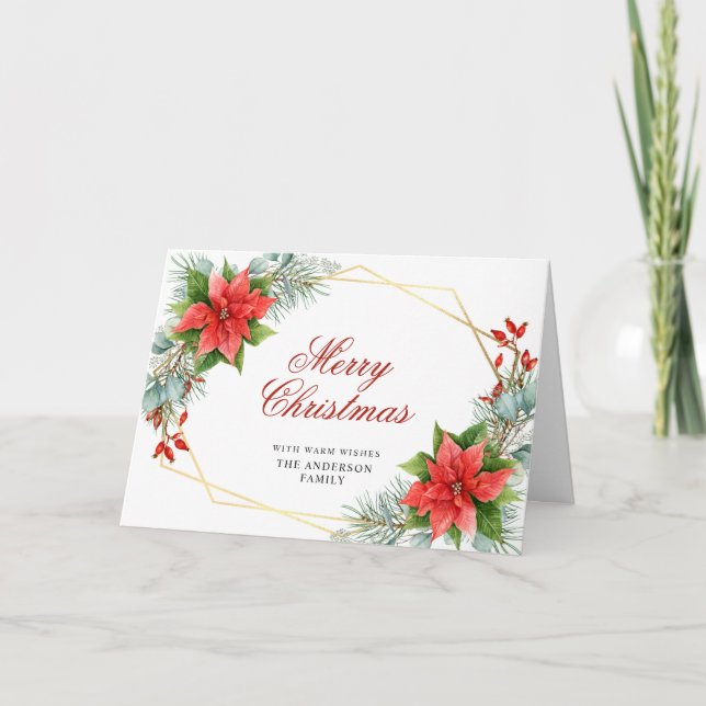 Tarjeta Festiva Elegantes Navidades de Poinsettia Mistletoe Saludo (Anverso)