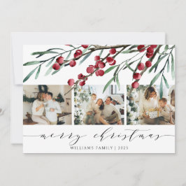 Tarjeta Festiva Elegantes Navidades de Winter Berry Script Tres Fo
