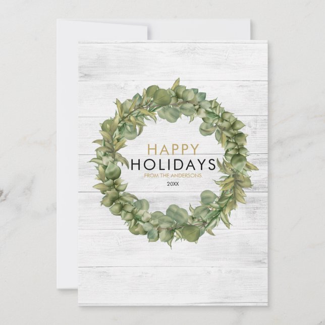 Tarjeta Festiva Elegantes Navidades de Wreath de Madera Rústica (Anverso)