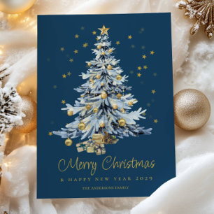 Tarjeta Festiva Elegantes Navidades del árbol de acuarela azul