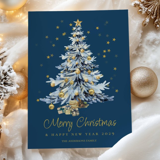 Tarjeta Festiva Elegantes Navidades del árbol de acuarela azul (Subido por el creador)