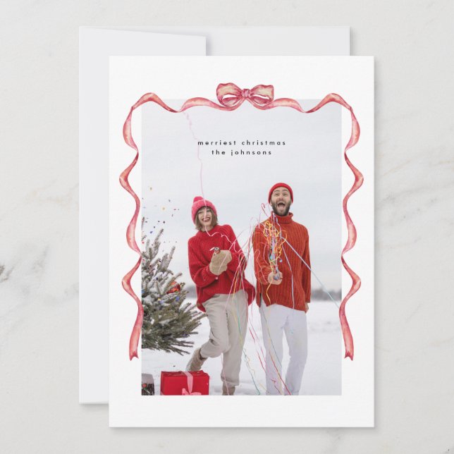 Tarjeta Festiva Elegantes Navidades del arco rojo de acuarela Foto (Anverso)