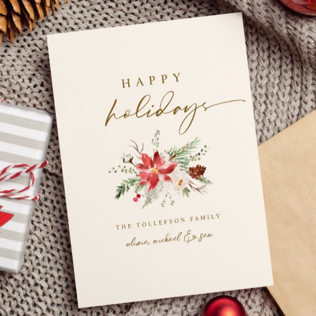 Tarjeta Festiva Elegantes Navidades del Boho Bouquet Delicate (Simple boho elegant christmas card - gold and cream - poinsettia floral bouquet greenery)