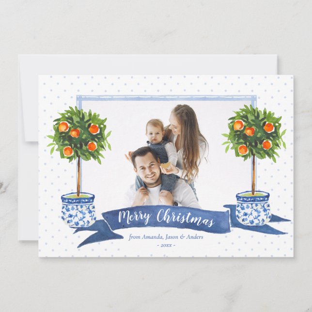 Tarjeta Festiva Elegantes Navidades del Citrus Azul Chinoiserie Fo (Anverso)