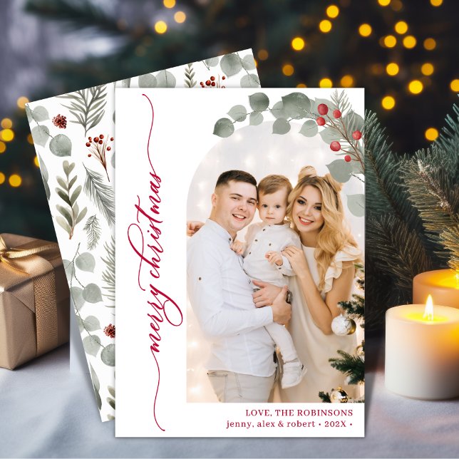Tarjeta Festiva Elegantes Navidades del Foliage de Guión Rojo (Subido por el creador)
