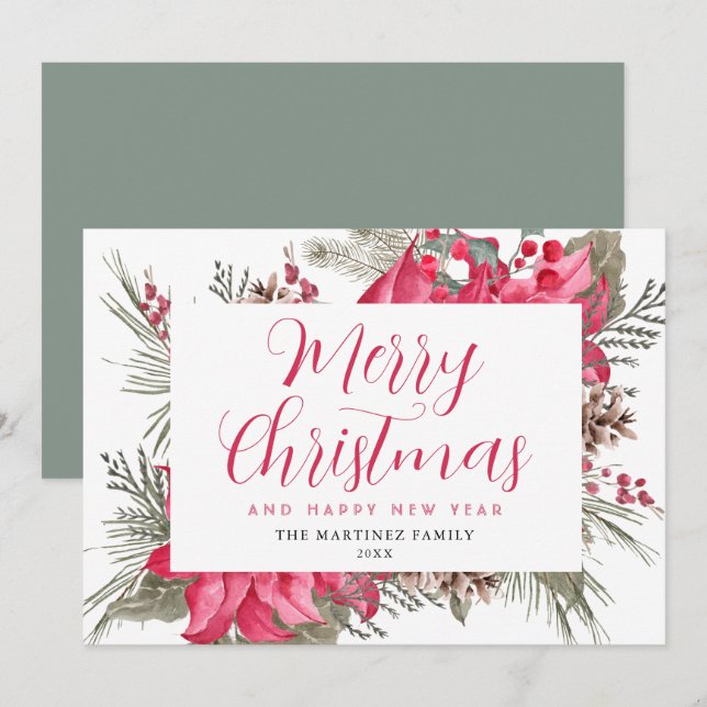 Tarjeta Festiva Elegantes Navidades del Red Poinsettia Holly (Anverso / Reverso)