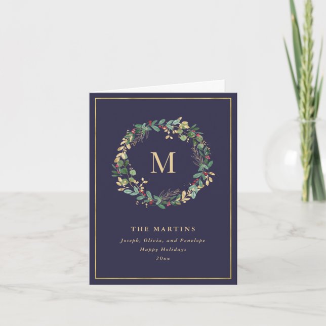Tarjeta Festiva Elegantes Navidades dorados con monograma (Anverso)