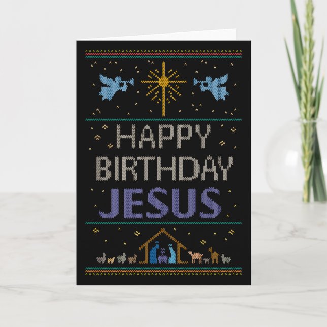 Tarjeta Festiva Elegantes Navidades feos suéter morado cristiano (Anverso)