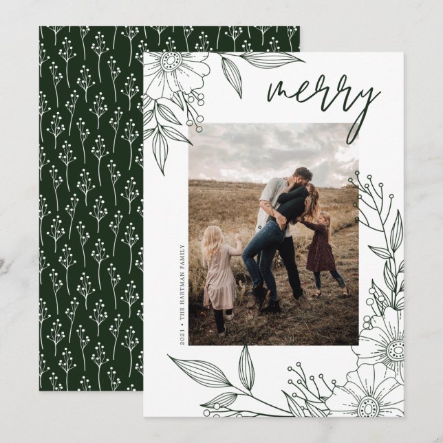 Tarjeta Festiva Elegantes Navidades Floral Merry Green Photo (Anverso / Reverso)
