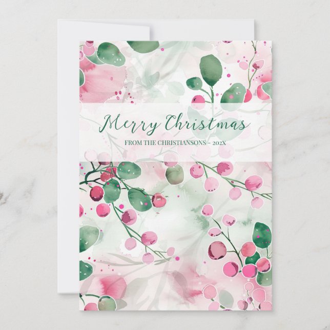 Tarjeta Festiva Elegantes Navidades Floral Pink Berries (Anverso)