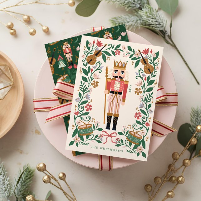 Tarjeta Festiva Elegantes Navidades florales Ballet Nudista Musica (Elegant Floral Christmas Nutcracker Ballet Musical Holiday Card)