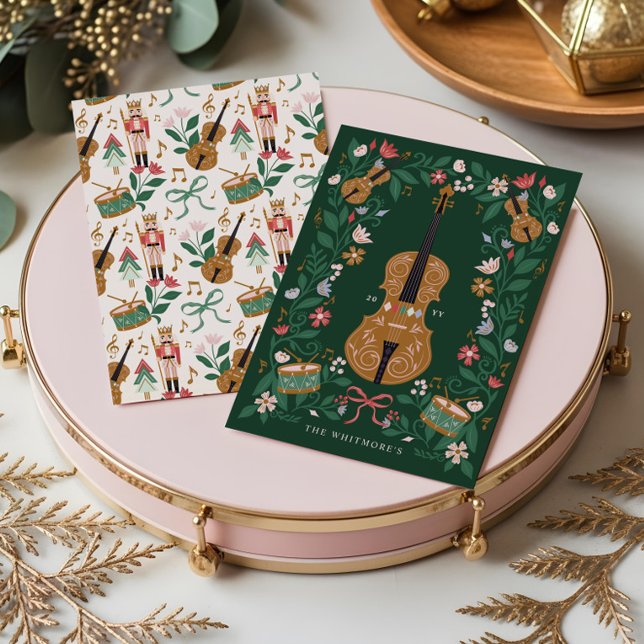 Tarjeta Festiva Elegantes Navidades Florales Ballet Nurrón Violín (Elegant Floral Christmas Nutcracker Ballet Violin Holiday Card)
