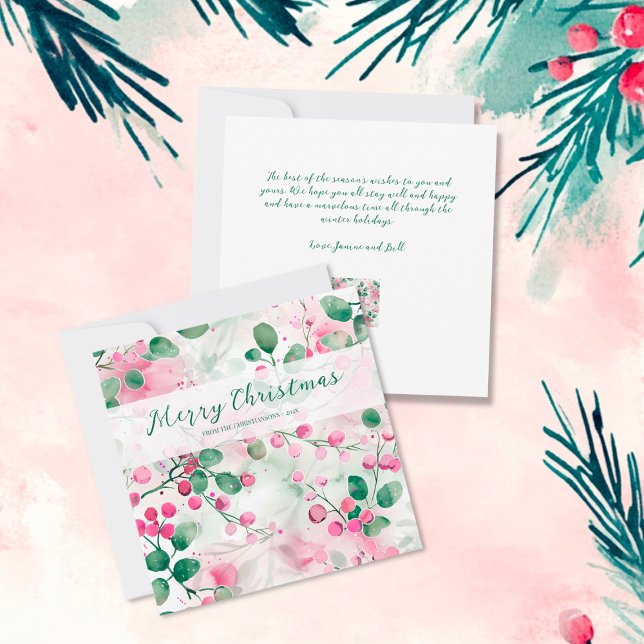 Tarjeta Festiva Elegantes Navidades florales de Berries Rosadas (Elegant Pink Berries Floral Flat Christmas Card)