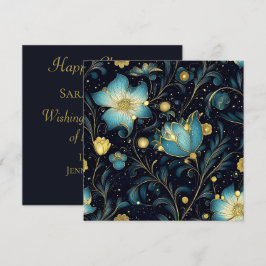 Tarjeta Festiva Elegantes Navidades florales de Medianoche azules 