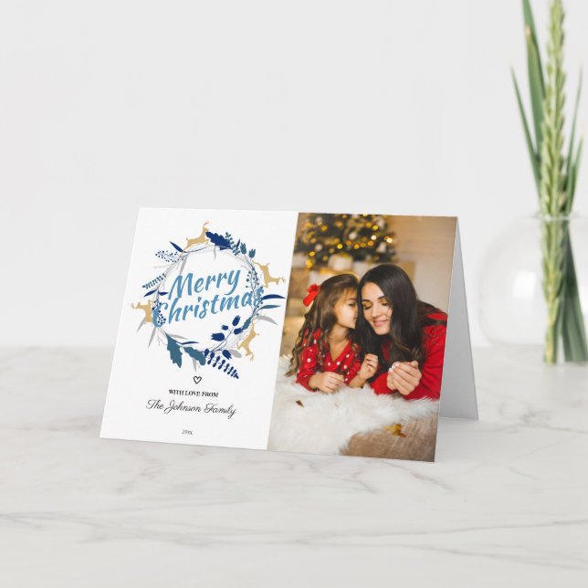 Tarjeta Festiva Elegantes Navidades florales de renos con foto de  (Anverso)