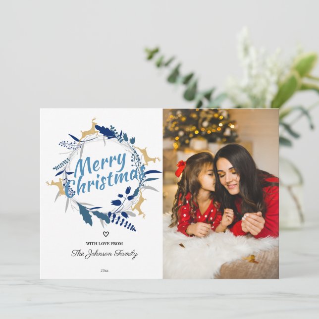 Tarjeta Festiva Elegantes Navidades florales de renos Wreath Photo (Anverso de pie)