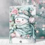 Tarjeta Festiva Elegantes Navidades florales de Snowman<br><div class="desc">Un Navidad elegante y único con tarjeta de vacaciones floral verde pastel y rosa. Personalice esto con su propio mensaje de bienvenida de vacaciones y su nombre en el interior. Perfecto para enviar a sus amigos y familiares para las vacaciones.</div>