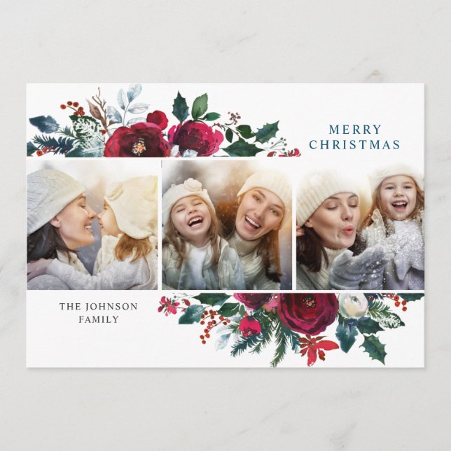 Tarjeta Festiva Elegantes Navidades Flores de Invierno 3 Festejo d (Anverso)