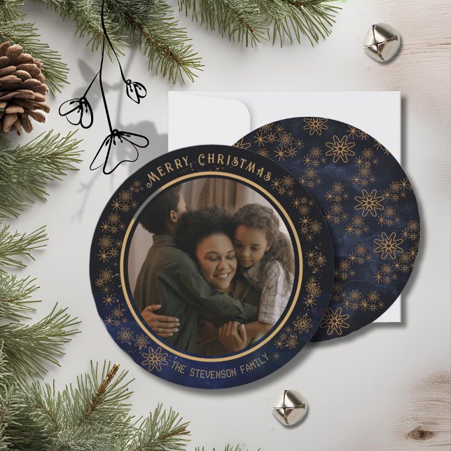 Tarjeta Festiva Elegantes Navidades foto estrellas de la marina az (Elegant Christmas Photo Navy Blue Stars Holiday Card)