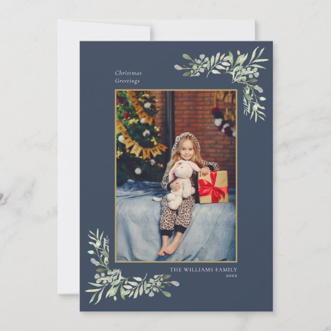 Tarjeta Festiva Elegantes Navidades Foto Geométrica de Verdor de O (Anverso)