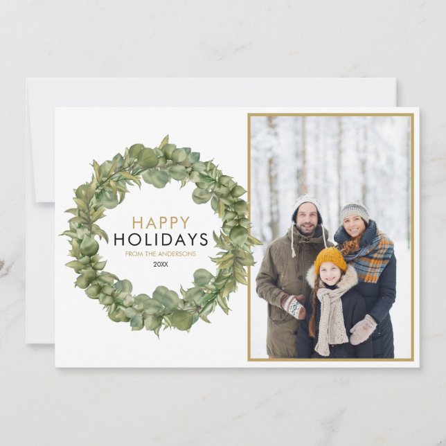 Tarjeta Festiva Elegantes Navidades Foto Greenery Wreath Happy (Anverso)