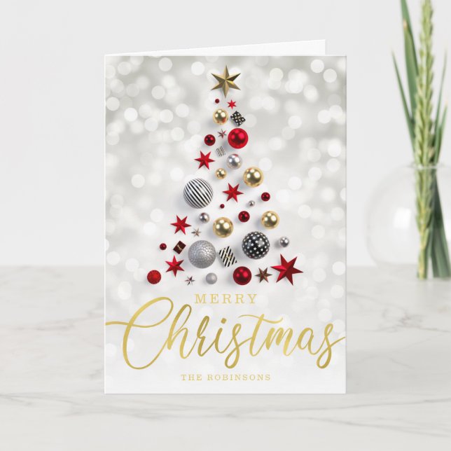 Tarjeta Festiva Elegantes Navidades Gold Silver Script Luces (Anverso)