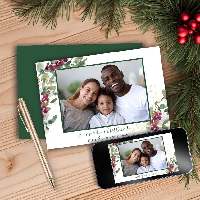 Tarjeta Festiva Elegantes Navidades Greenery Holiday Foto (Elegant Christmas Greenery Holiday Photo Card)