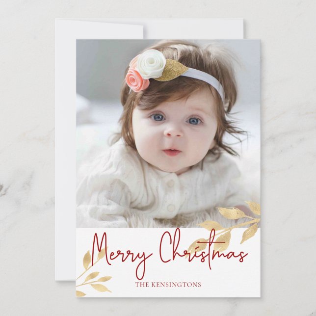 Tarjeta Festiva Elegantes Navidades hojas de oro | Foto de vacacio (Anverso)