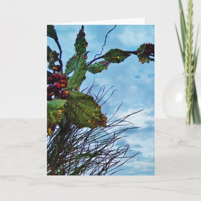 Tarjeta Festiva Elegantes Navidades Holly, cielo azul (Anverso)